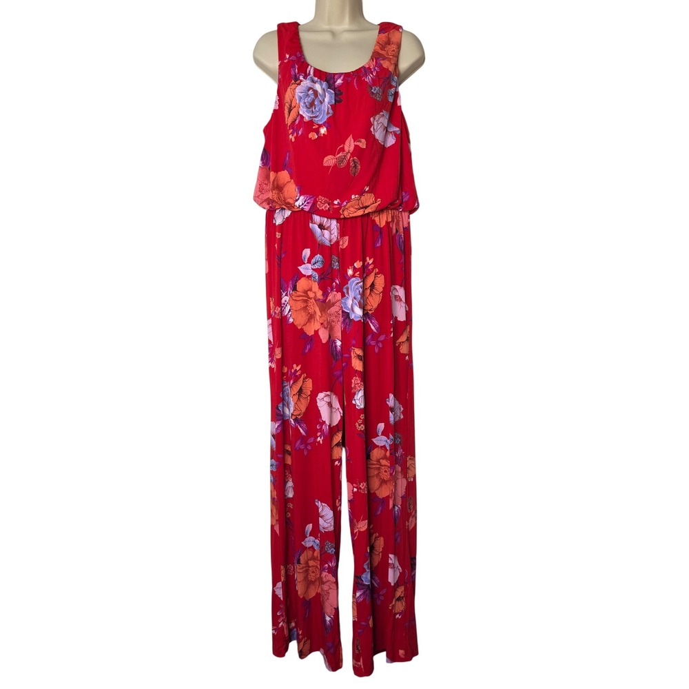 IMAN Jumpsuit Women L Red Floral Blouson Wide Leg Sleeveless Stretch 891520